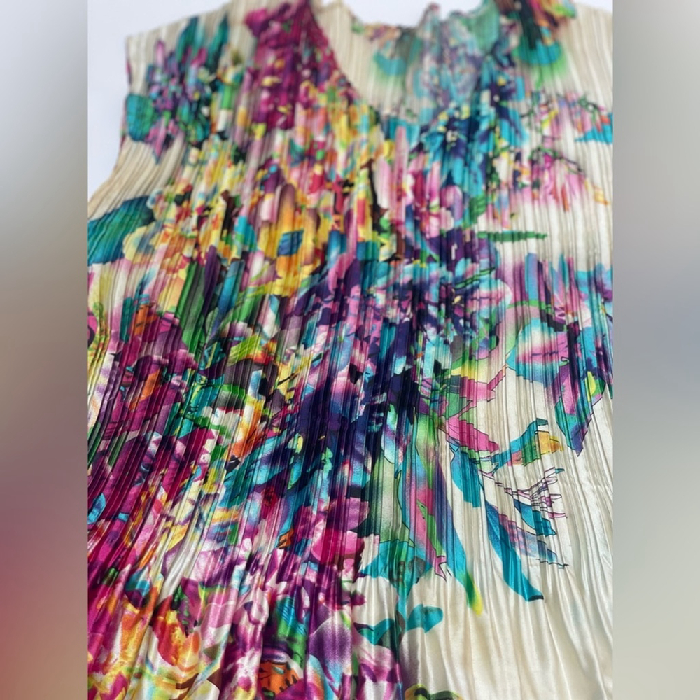 Floral Multicolor Pleated Dress Art-to-Wear Watercolor - Picture 4 of 7